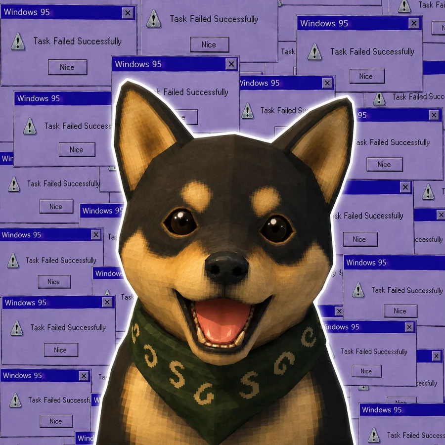 Did Not Sell Dog smiling in front of a wall of error windows