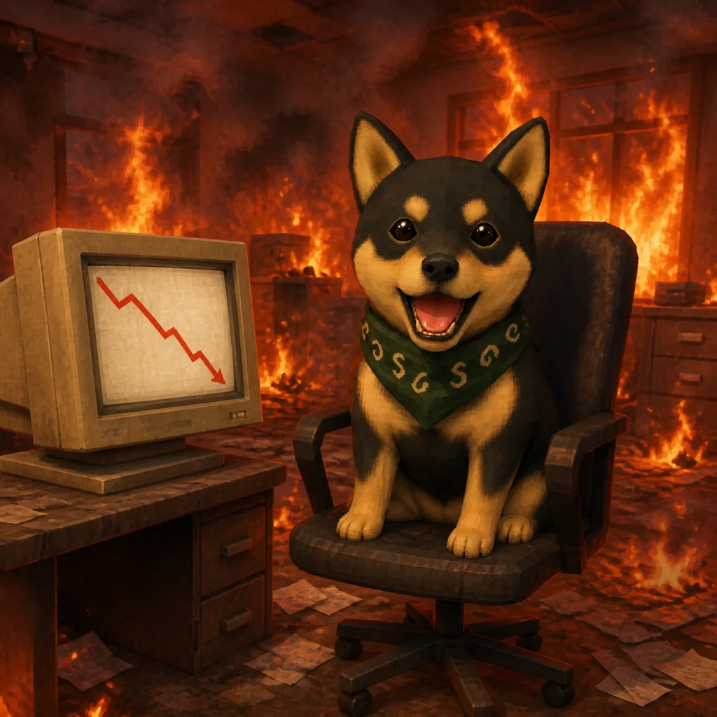 Dog sitting calmly in a burning office next to a red chart
