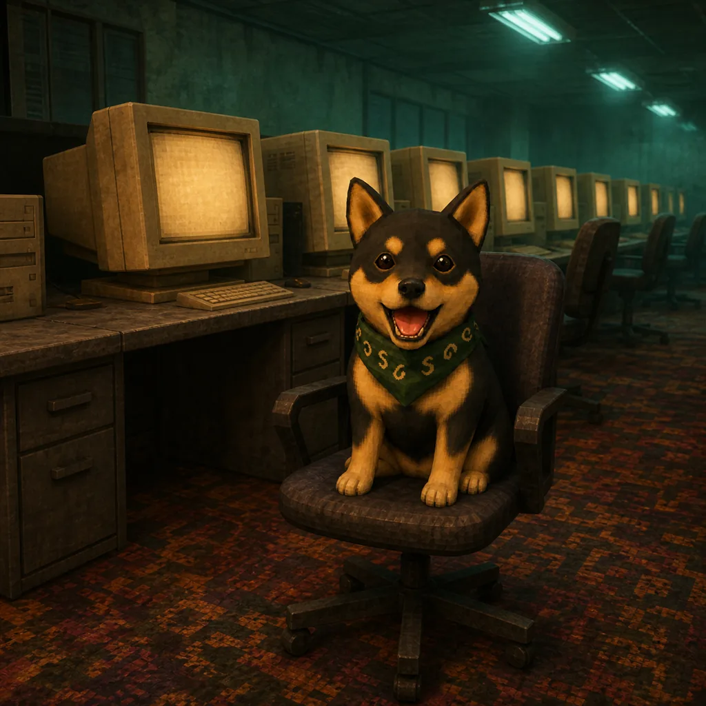 Dog in an empty internet cafe full of old monitors