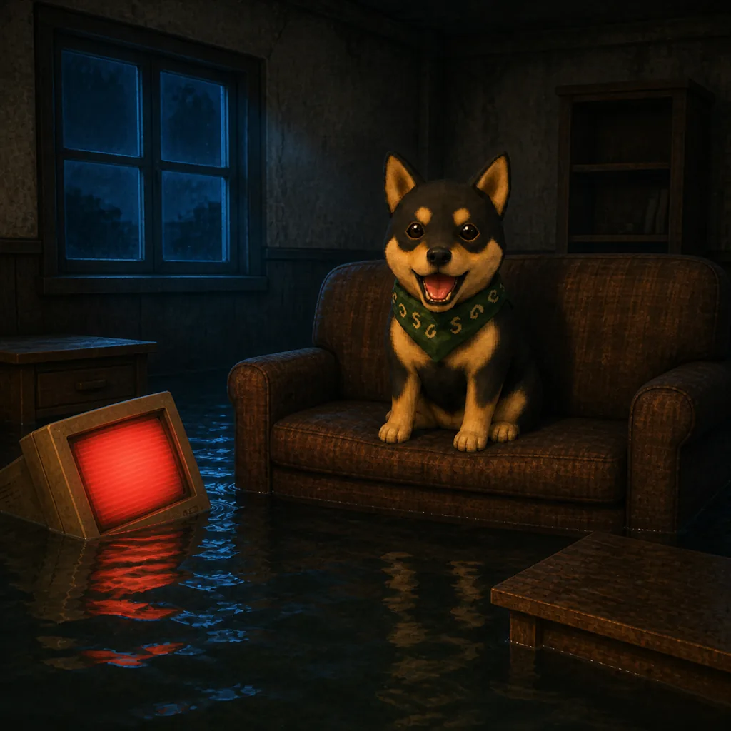 Dog on a couch in a flooded room with a red monitor floating by