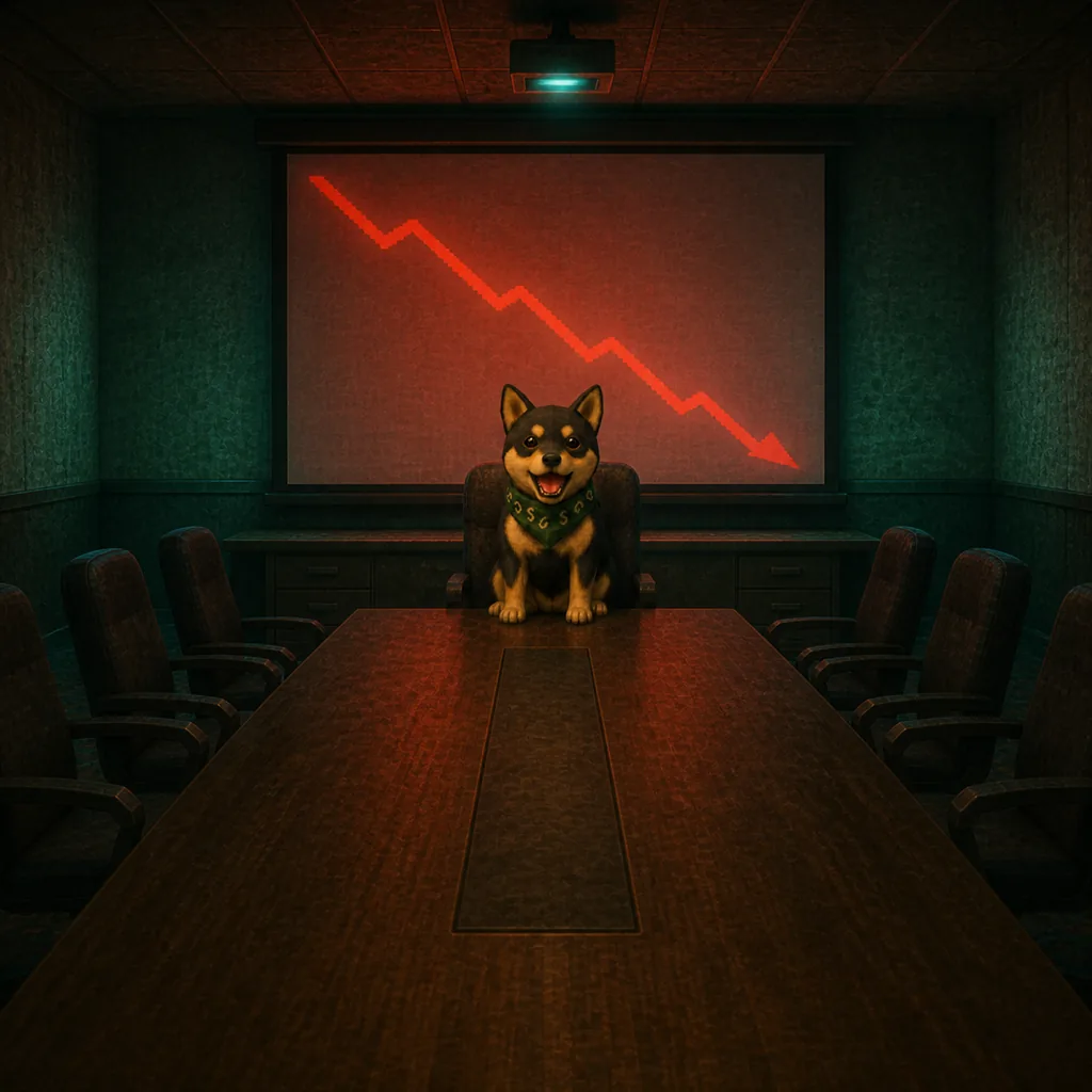 Dog alone at the head of an empty meeting room